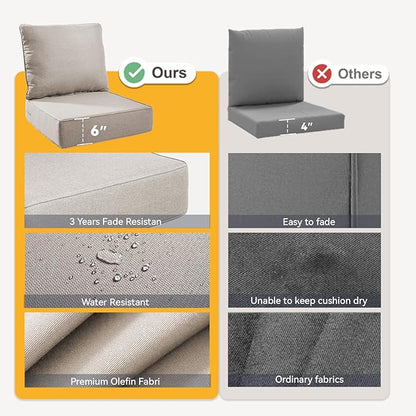 Outdoor Cushion Set for Furniture Patio Furniture, UV Resistant, Water Resistant - 6 Inch Thick Foam Garden Cushions – 22x24 Inch Patio Seat Covers for Chair/Sofa/Couch | Beige | 9-Pack |