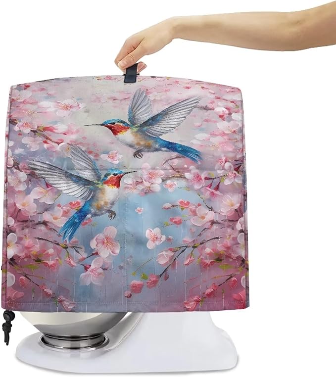Kitchen Aid Mixer Cover Hummingbird Flower Dust Cover with Pockets and Handle, Pink, Waterproof, Polyester, Fits Most Stand Mixers