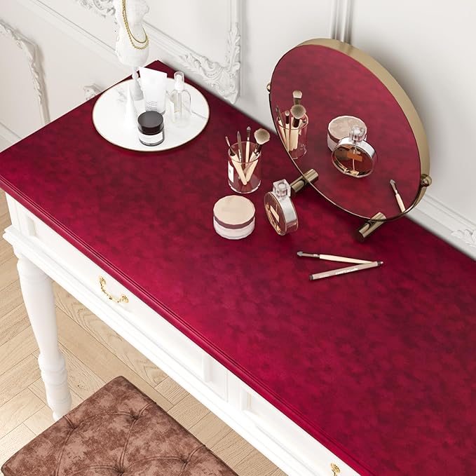 Red Velvet Drawer Liner 15.7"x118" Self Adhesive Burgundy Velvet Fabric Wallpaper Peel and Stick Soft Felt Liner for Jewelry Box Dresser Red Flocking Contact Paper for Cabinets Drawer Crafts