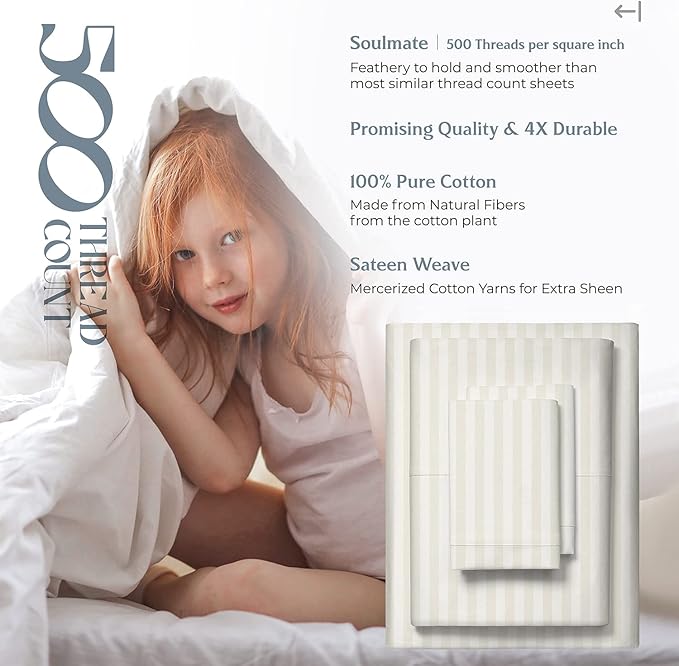 Mayfair Linen 100% Cotton Striped Sheets King Size Bed Set - 500 Thread Count Damask Sheets King Size 4 PC Set (Beige Stripe), Soft, Cooling, Sateen Weave Hotel-Quality 16" Deep Pocket Bedsheet