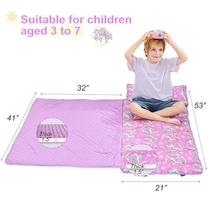 Viviland Toddler Nap Mat, Rolled Sleeping Mats with Pillow and Minky Dot Blanket for Girls, Kids Slumber Bag Nap Mat for Preschool, Daycare, Kindergarten, Travel Camping - Unicorn Magic