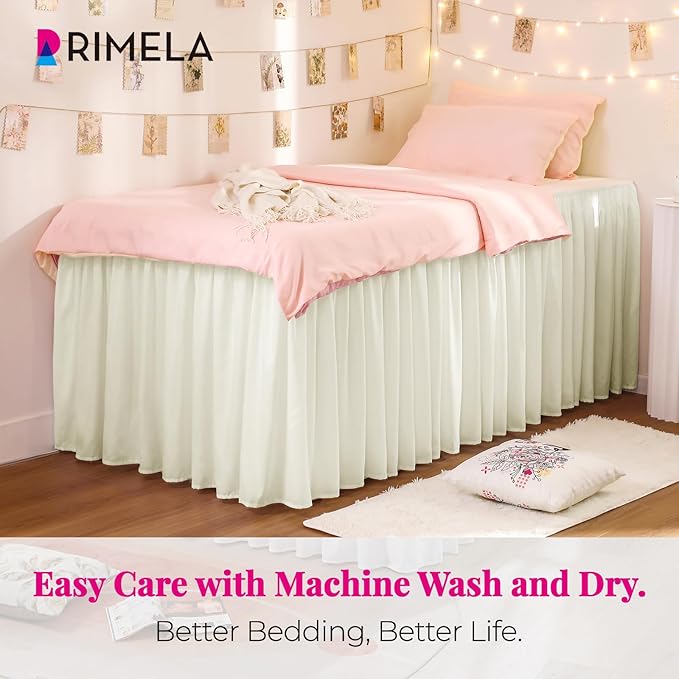 RIMELA Cream Dorm Bed Skirt Twin XL 32 Inch Drop, Easy to Install Extra Long Wrap Around Elastic Dust Ruffle, Bedskirt Silky Fabric Machine Washable (Twin XL 80“L x 39”W & Twin 75“L x 39”W)