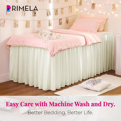 RIMELA Dorm Bed Skirt Twin XL 32 Inch Drop, Easy to Install Extra Long Wrap Around Elastic Dust Ruffle, Cream Bedskirt Solid Silky Fabric Machine Washable (Twin XL 80“L x 39”W & Twin 75“L x 39”W)