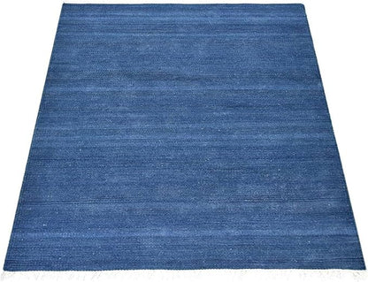Rugsotic Carpets Hand Woven Flat Weave Kilim Wool ECO-Friendly Area Rugs - 7'x9', Rectangle Shape, Blue Color, Solid Plain Design, Low Pile Handmade Area Rugs for Living Room, Bed Room (D00111)
