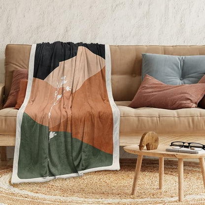 Boho Orange Mid Century Blankets Abstract Modern Throw Blanket Minimalist Sun Aesthetic Soft Warm Bed Bedding Women Blankets for Couch Bedroom Sofa Office Cozy Flannel Blankets 50"X60"