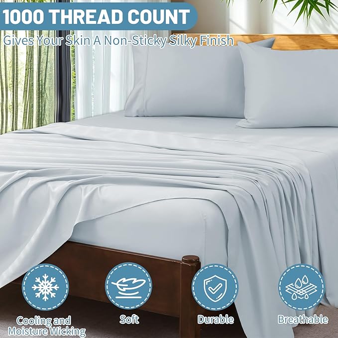 Extra Deep Pocket Queen Sheets 18-24 Inch 100% Egyptian Cotton 1000 Thread Count Sateen Weave Soft Breathable 4 Pieces（Queen,Light Blue）