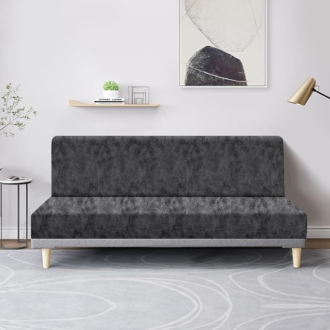 molasofa Leather Like Stretch Futon Slipcover Armless Futon Bed Sofa Cover Furniture Protector with Elastic Bottom, Soft and Washable Futon Cover for Sofa Bed Stay in Place（Medium，Light Grey）