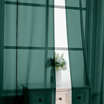 OVZME Hunter Green Sheer Curtains 96 Inches Long 2 Panels - Soft Light Filtering Window Sheer Panels for Living Room/Bedroom, Top Dual Rod Pocket, 1 Pair, Each 42Wx96L Inches