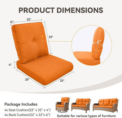 Patio Cushions for Outdoor Furniture - 22" x 25" x 4" UV Resistant Thick Foam Cushions Water Resistant Replacement Cushion for Outdoor Patio Furniture Chair/Sofa/Couch | Orange | 4-Pack |