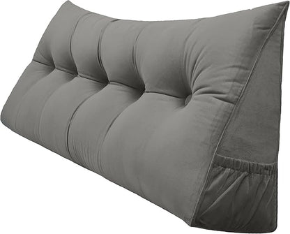 Triangular Reading Bed Rest Pillow Large Bolster Cushion Headboard Backrest Wedge Pillow with Removable Cover and Two Large Side Pockets (Grey, Queen: 59 x 8 x 20 inches)