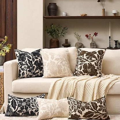 Yangest Chenille Floral Pillow Cover 18 x18 Inches, Neutral Jacquard Square Throw Pillow Cover Soft Decorative Nature Accent Couch Pillow Cover for Living Room Bedroom, Black