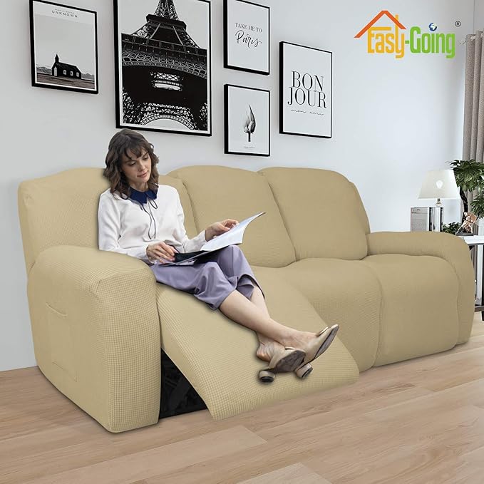 Easy-Going 8 Pieces Recliner Sofa Stretch Sofa Slipcover Sofa Cover Furniture Protector Couch Soft with Elastic Bottom Kids, Spandex Jacquard Fabric Small Checks Beige