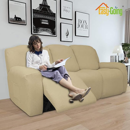 Easy-Going 8 Pieces Recliner Sofa Stretch Sofa Slipcover Sofa Cover Furniture Protector Couch Soft with Elastic Bottom Kids, Spandex Jacquard Fabric Small Checks Beige