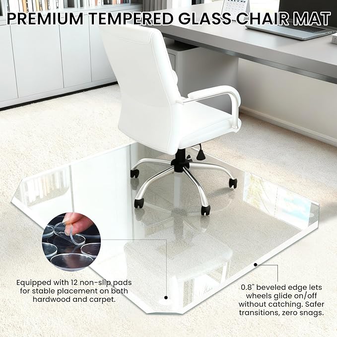 Tempered Glass Chair Mat with Patented Beveled Edge, 46”x55” 1/5" Thick Office Floor Mat for Carpet & Hardwood, w/ 12 Anti-Slip Pads
