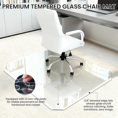 Tempered Glass Chair Mat with Patented Beveled Edge, 46”x55” 1/5" Thick Office Floor Mat for Carpet & Hardwood, w/ 12 Anti-Slip Pads