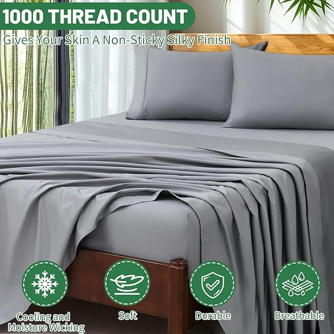 Extra Deep Pocket King Sheets 18-24 Inch 100% Egyptian Cotton 1000 Thread Count Sateen Weave Soft Breathable 4 Pieces（King，Grey）