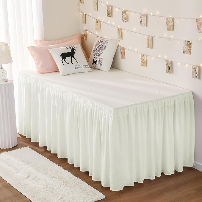 RIMELA Cream Dorm Bed Skirt Twin XL 32 Inch Drop, Easy to Install Extra Long Wrap Around Elastic Dust Ruffle, Bedskirt Silky Fabric Machine Washable (Twin XL 80“L x 39”W & Twin 75“L x 39”W)