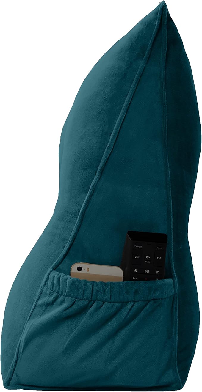 Triangular Reading Bed Rest Pillow Large Bolster Cushion Headboard Backrest Wedge Pillow with Removable Cover and Two Large Side Pockets (Teal, Twin: 39 x 8 x 20 inches)