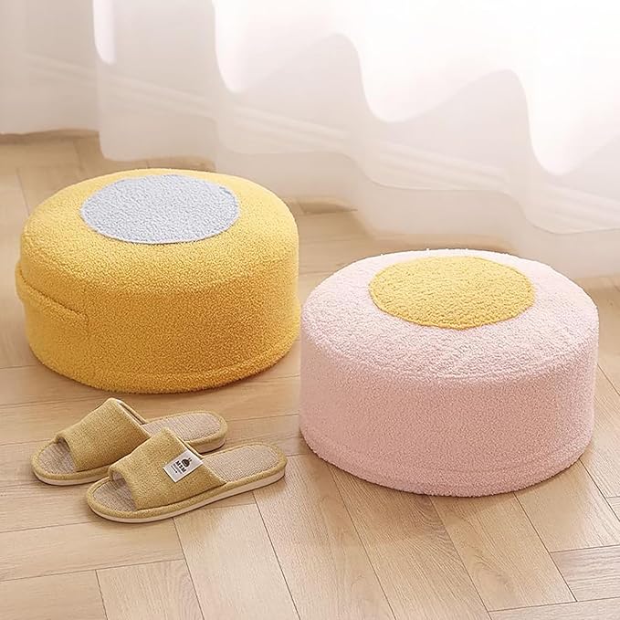 Round Pouf Ottoman Foot Rest, Stuffed Floor Pouf Foot Stool with Foam Chunk, Fluffy Storage Ottomans for Living Room Home Decor, White