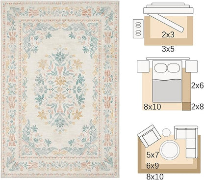 jinchan Vintage Floral 6x9 Area Rugs for Living Room - Machine Washable Distressed Design Soft Throw Rug Ultra-Thin Non-Slip Large Carpet for Bedroom Nursery Dining Room Home Office (6x9ft, Apricot)