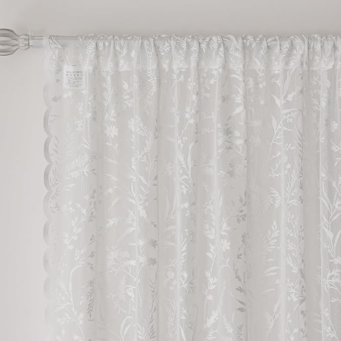 Anmao Vintage Lace Curtains 102 Inches Long 2 Panels Set, Romantic Elegant Light Filtering Semi Sheer Floral Thick Lacy Curtain Drapes for Living Room and Bedroom, Each Panel 55W x 102L, White Leaves