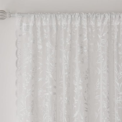 Anmao Vintage Lace Curtains 108 Inches Long 2 Panels Set, Romantic Elegant Light Filtering Semi Sheer Floral Thick Lacy Curtain Drapes for Living Room and Bedroom, Each Panel 55W x 108L, White Leaves