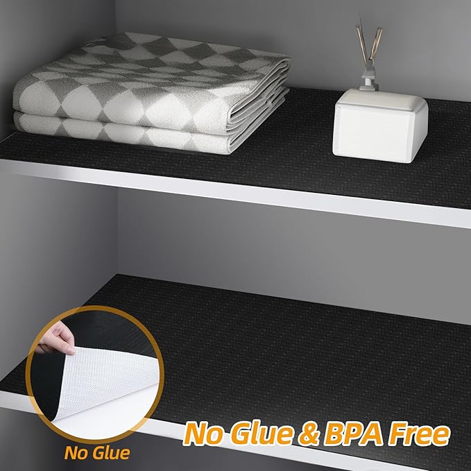 Shelf and Drawer Liner for Kitchen Cabinets Non-Adhesive, Strong Grip Non-Slip Thickened Cabinet Liners for Shelves, Waterproof Mats for Dresser Cupboard, Black, 17 in x 10 Feet