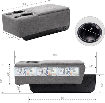 Sofa Armrest with Cup Holder Dual, Large Size Multifunctional Couch Arm Rest Insert, Removable Couch Caddy with Storage, Equipped with LED Reading Light & Wireless Charge Stand 02