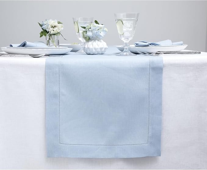 Solino Home Linen Sky Blue Table Runner 156 Inches Long - 100% Pure Linen Extra Long Table Runner 14 x 156 Inch for Christmas, New Year - Classic Hemstitch