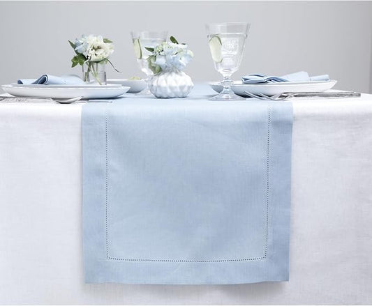 Solino Home Linen Sky Blue Table Runner 156 Inches Long - 100% Pure Linen Extra Long Table Runner 14 x 156 Inch for Christmas, New Year - Classic Hemstitch