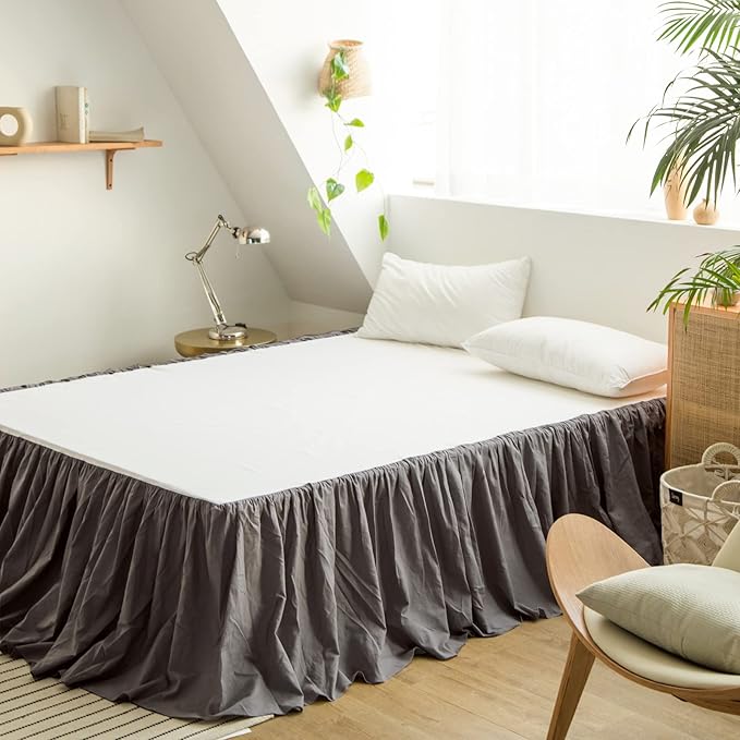 BISELINA French Linen Bed Skirt with Pleated Frills 14-Inch Tailored Drop Natural Flax Cotton Blend Dust Ruffle Soft Cozy Farmhouse Bedding (14" Queen, Ruffle Dark Grey)