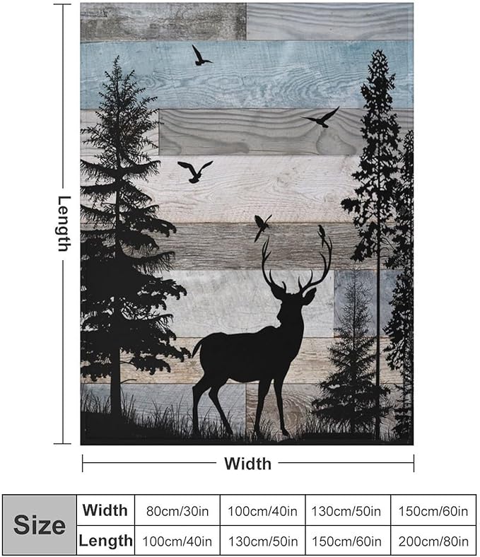 Rustic Deer Throw Blanket, Retro Cabin Farmhouse Country Lodge Blue Brown Wooden Board Wild Forest Animals Deer Bird Print Warm Cozy Blanket for Bed Couch Sofa Travel, 60"x80"