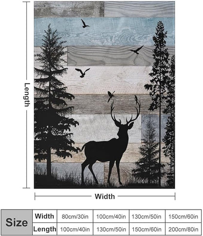 Rustic Deer Throw Blanket, Retro Cabin Farmhouse Country Lodge Blue Brown Wooden Board Wild Forest Animals Deer Bird Print Warm Cozy Blanket for Bed Couch Sofa Travel, 60"x80"