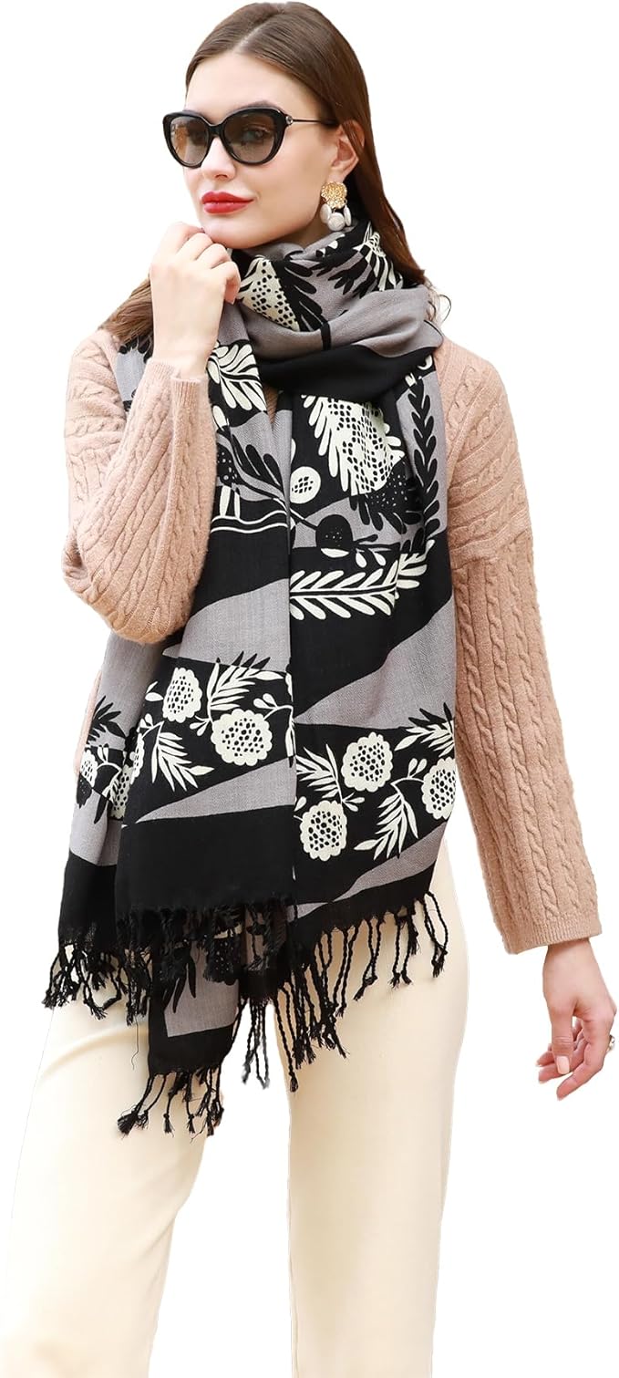 DANA XU 100% Merino Wool Extra Large Pashmina Blanket Travel Scarf Cashmere Wrap for Women Fall Winter Oversize Shawl Floral