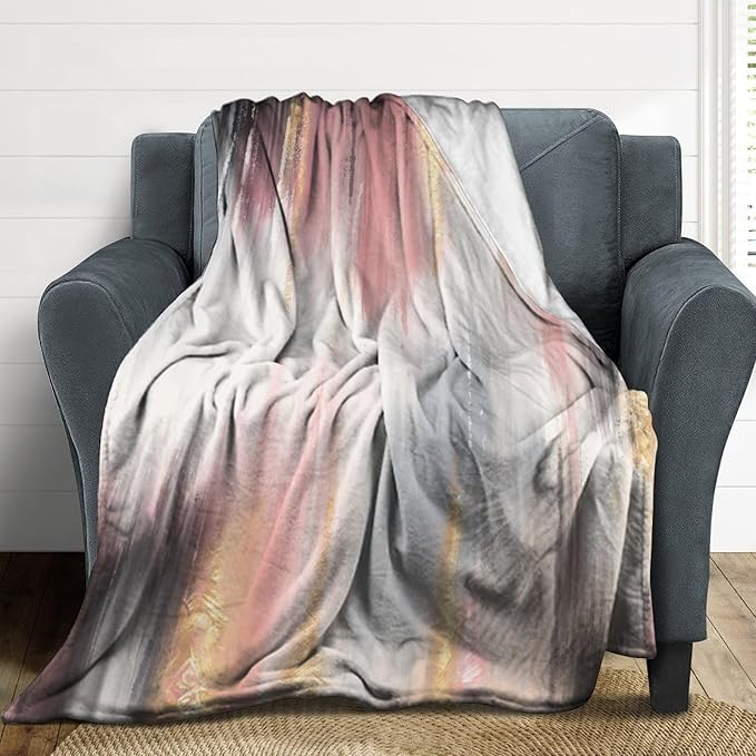 Fashion Gradient Blanket, Modern Art Baroque Gold Grey Pink Painting Strokes Pattern Soft Warm Cozy Plush Flannel Covers for Livingroom Bedroom Couch Chair Camping Travel Home Decor Tapestry 40x50in