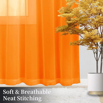 Sheer Curtains 54 Inches Long 2 Panels, Rod Pocket Short Curtain for Kitchen, Bedroom, Cafe Window(Orange 38" W x 54" L)