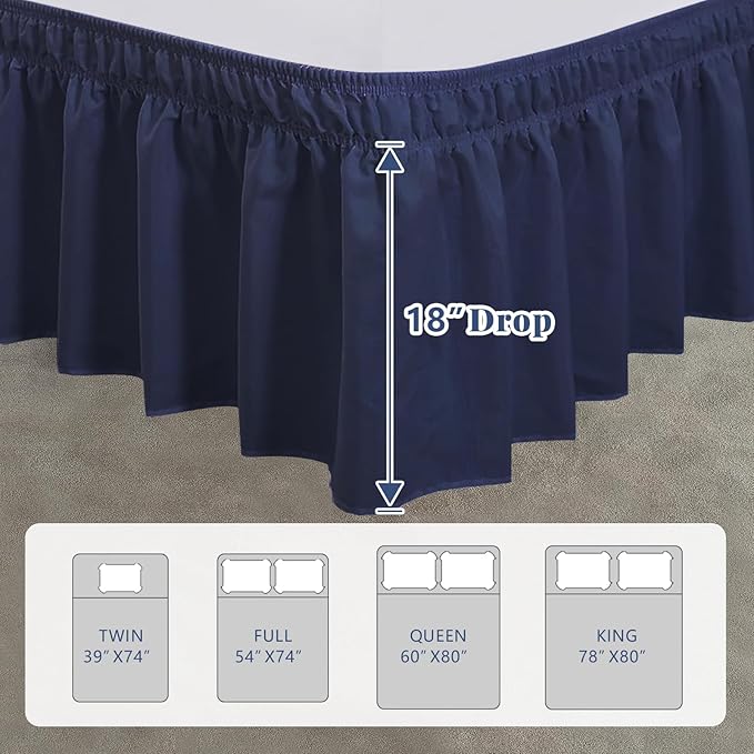 Twin Bed Skirt, Elastic Wrap Around Bed Skirt Twin Size, Bed Skirts for Adjustable Bed, Easy Fit with 18" Drop Length Tailored Drop Dust Ruffle (Navy)