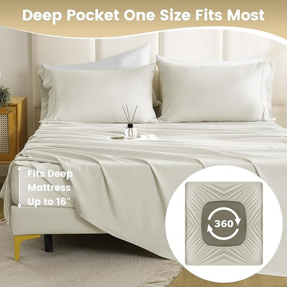 Full Sheet Set - Hotel Luxury 4 Piece Breathable Cooling Full Size Sheet Sets,Fits 16" Deep Pocket Mattress, Easy Care Wrinkle Free Bedding Sheet and Pillowcase Bedding Set, Ivory