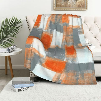 LOKMU Throw Blanket, Orange and Grey White Abstract Art Ultra-Soft Cozy Flannel Blankets, Fuzzy Plush Lightweight Modern Blanket for Couch Sofa Bedding Home Decor, 80" L x 60" W