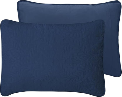 Easy-Going King Size Reversible Quilt Set with 1 Quilt and 2 Pillow Shams, Soft Bed Quilt Cover, Water Resistant Lightweight Microfiber Bedspread, Stain Resistant, Olive Leaf-Dark Blue/Light Blue