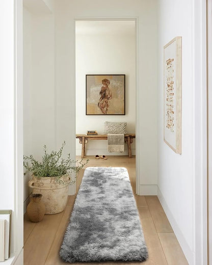 ONASAR 2x6 Runner Rugs for Bedroom Living Room, Washable Fluffy Tie-Dyed Light Grey Bedside Hallway Throw Area Rug, Ultra Soft Plush Furry Floor Carpet Mat for Nursery Kids Dorm Closet Home Decor