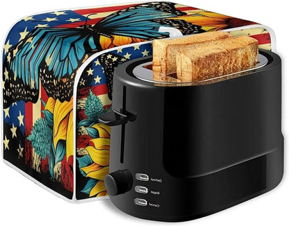 Sunflower Butterfly Print Toaster Cover 4 Slice American Flag Small Kitchen Appliance Cover, Washable Oven Protector Anti-dust Bread Maker Protector