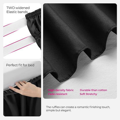RIMELA Black Bed Skirt Queen Size 15 Inch Drop, Elastic Bed Skirting for Bed Base and Frame, Bedding Dust Ruffle Easy to Install, Lightweight Wrap Around Adjustable Bedskirt