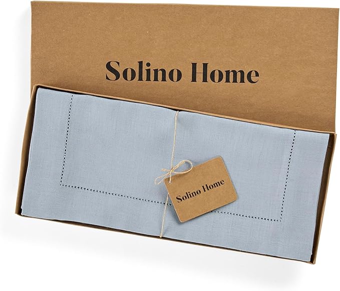 Solino Home Linen Dusty Blue Table Runner 90 Inches Long - 100% Pure Linen Hemstitch 14 x 90 Inch Table Runner for Dining - Classic Hemstitch