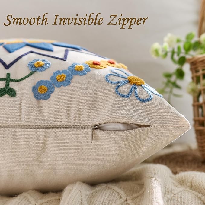 Embroidered Throw Pillow Cover 20x20 Classic Boho Floral Pattern Pillows Cover Outdoor Decorative Pillowcase,Durable Cozy Textured Cushion Case for Sofa Couch Bed Living Room,Blue Orange