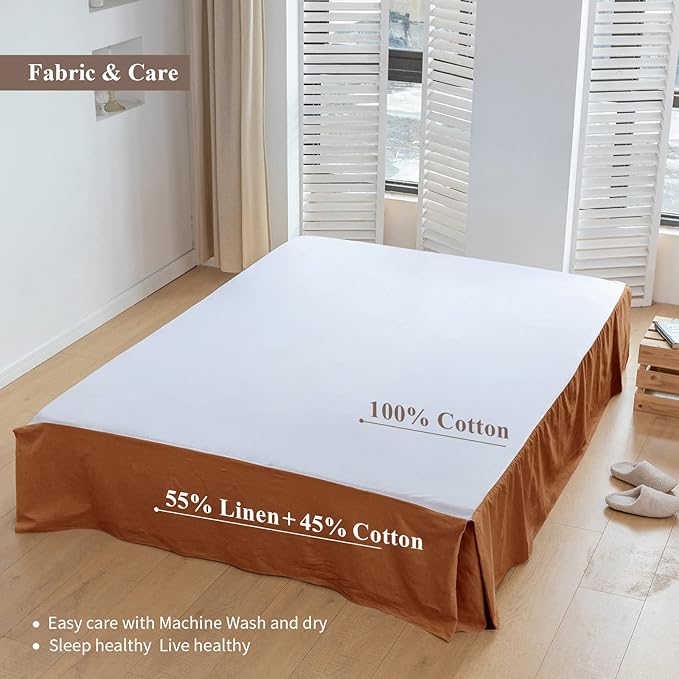 BISELINA French Linen Bed Skirt with Pleated Corner 14-Inch Tailored Drop Natural Flax Cotton Blend Basic Dust Ruffle Soft Cozy Farmhouse Bedding (14" King, Basic Rust)