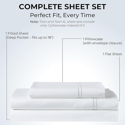 100% Natural Cotton Bed Sheets | 500 TC Single-Ply Sateen Weave Twin XL Sheets | Soft, Breathable, Hypoallergenic Solid 3-Piece Bedding with Deep Pocket Fitted, Flat, Pillowcase | White