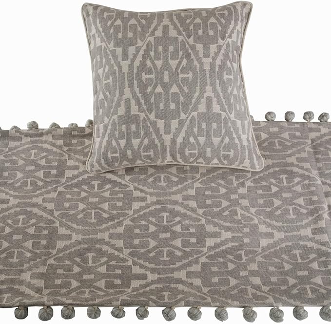The HomeCentric Grey Bed Runner, Full Size 68"x18" Decorative Bed Runner with Matching Pillow Cover, Grey Cotton Bed Scarf in Aztec Pattern with Tassels - Grey Aztec