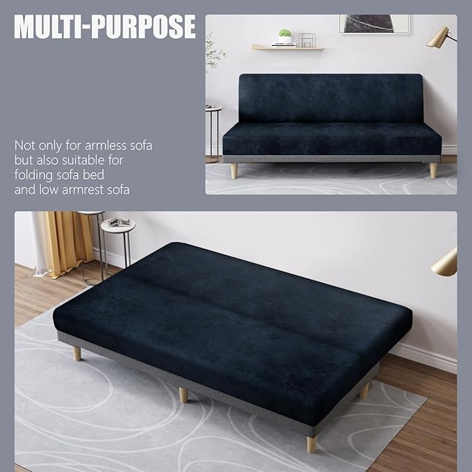 molasofa Leather Like Stretch Futon Slipcover Armless Futon Bed Sofa Cover Furniture Protector with Elastic Bottom, Soft and Washable Futon Cover for Sofa Bed Stay in Place（Medium, Navy Blue）