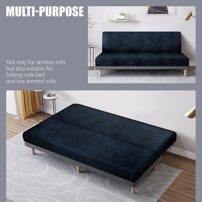 molasofa Leather Like Stretch Futon Slipcover Armless Futon Bed Sofa Cover Furniture Protector with Elastic Bottom, Soft and Washable Futon Cover for Sofa Bed Stay in Place（Medium, Navy Blue）